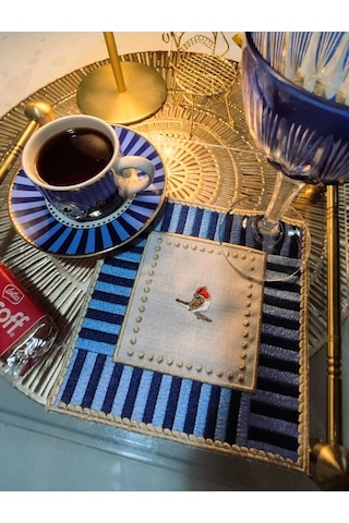 2 Adet Mavi Pip Studio Uyumlu Nakışlı Love Bird Detaylı Kokteyl Sunum Peçetesi Çok Renkli