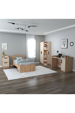 Luses Genç Odası Takımı, Çalışma Masası, Gardırop, Komodin, Karyola - 4'lü Takım, Atlantik Çam Bej Atlantik Çam Bej