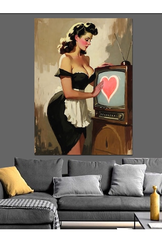 Ahşap Tablo Vintage Hizmetçi Elbiseli Güzel Kadın