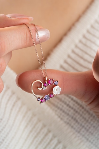 Nereze 925 Ayar Gümüş Manolya Çiçeği Renkli Taşlı Kalp Kolye