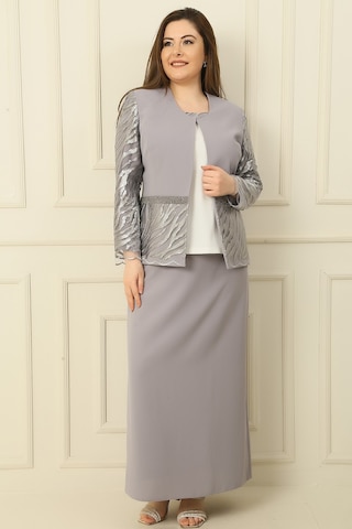 İçi Yarım Ay Kol Bluz Pul Nakışişlemeboncuk Detaylı Ceket Etek Astarlı Büyük Beden 3'lü Takım Gri