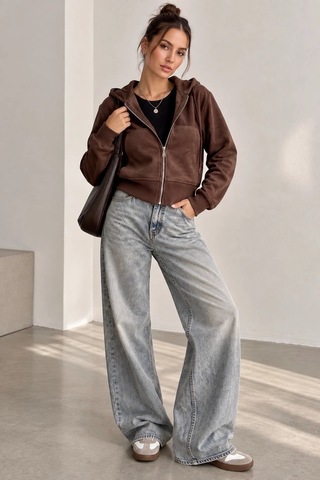 Bb Butik Basic Selanik Dokulu Fermuarlı Kapüşonlu Kadın Sweatshirt My3535 Kahverengi