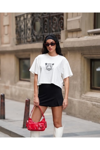 Kadın Bisiklet Yaka Kısa Kollu Oversize Crop Tshirt Ekru