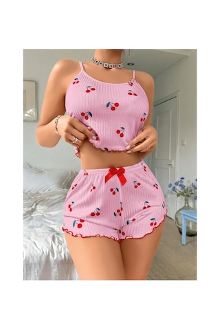 Mr Owl Kadın Pembe Kiraz Desenli Askılı Şortlu Pijama Takımı