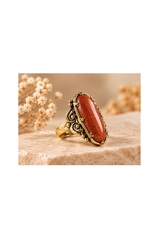Esoo Jewelry Vintage Tasarım Simli Kahve Taşlı Ayarlanabilir Kadın Yüzük - Antik Gold Görünümlü Kahverengi