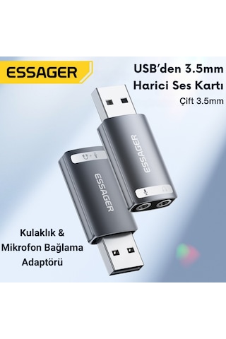 Essager 2in1 Usb To 2x 3.5mm Aux Çevirici Adaptör, Kulaklık Ve Mikforon Çevirici, Harici Ses Kartı