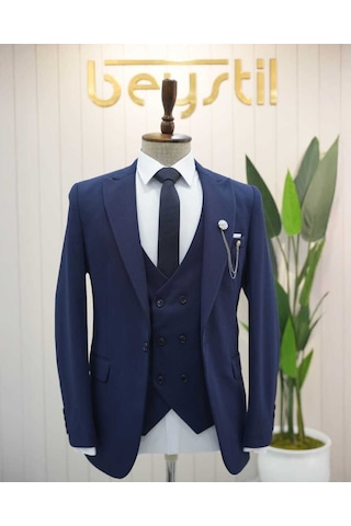 Beystil Sivri Yaka Lacivert Takım Elbise Petek04 - Slim Fit Lacivert
