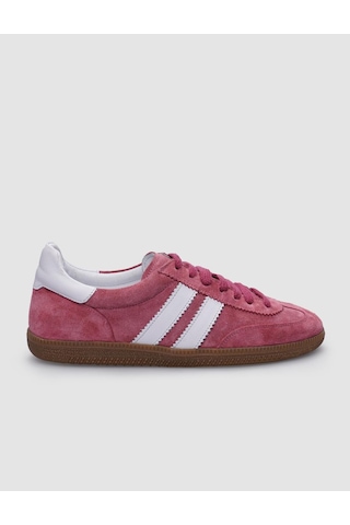 %100 Hakiki Deri Koyu Pembe Bağcıklı Kadın Sneaker Pembe