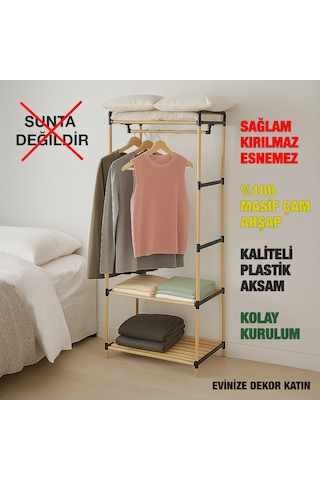 Ne02 Ahşap Gardrop Elbise Askısı Ve İkili Raf Sistemi Masif Çam Ahşap Ahşap