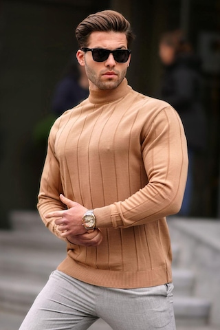 Madmext Bej Slim Fit Yarım Balıkçı Yaka Çizgili Tüylenmeyen Erkek Triko Kazak 6344 Bej