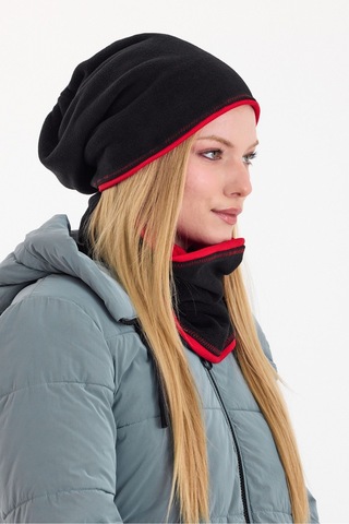 Butikgiz Kadın Dış Kısım Polar, İç Kısım Kaşkorse Pamuklu, Çift Renk, Çift Kat, Katlanabilir Bere Boyunluk Set Siyah-kırmızı