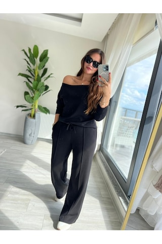 Ahes Shopping Kadın Uzun Kollu Tek Omuzdan Açık Modal Bluz Ve Pantolon Ikili Takım Siyah