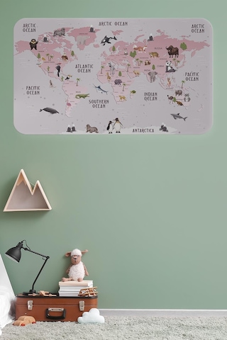 Eğitici Dünya Haritası Dünya Atlası Çocuk Ve Bebek Odası Duvar Sticker-60x105-3798 - Renkli Çok Renkli