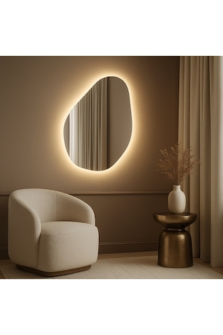 40x58 Cm Modern Asimetrik Led Ayna Dokunmatik, Dim Edilebilir, 3000k Günışığı Banyo Aynası Sarı