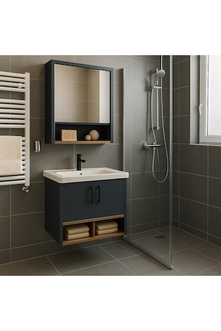 Dmz Home Concept Legna 65 Cm Banyo Dolabı Takımı Antrasit & Ahşap Mdf Seramik Lavabolu Alt Ve Üst Dolaplı