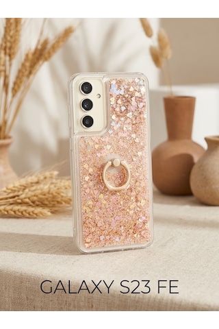 Flody Samsung Uyumlu Galaxy S23 Fe Kılıf Sulu Simli Akışkan Silikon Yüzüklü Gold