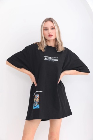Novalisse Kadın Bisiklet Yaka Baskılı Oversize T-shirt - Siyah Çoklu Renk