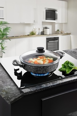 Diez 32 Cm Granit Basık Tencere Siyah Yapışmaz Karnıyarık & Pilav Tenceresi Cam Kapaklı