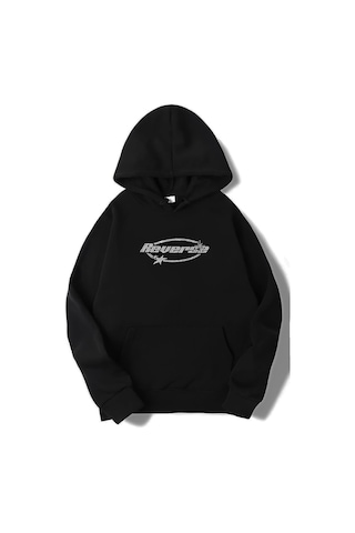 Brz Collection Unisex Oversize Reverse Kristal Taş Baskılı Hoodie Siyah Siyah