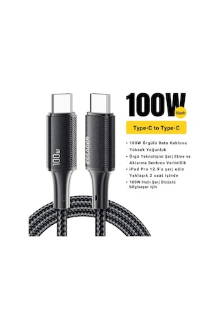 Essager 3 Metre Pd 100w Süper Hızlı Type C To Type C Şarj Data Kablosu, E-marker Çipli Akıllı Şarj Kablosu