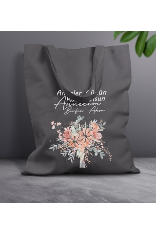 Bk Gift Kişiye Özel İsimli Anneler Günü Tasarımlı Antrasit Kumaş Bez Çanta, Baskılı Omuz Çantası, Alışveriş Çantası, Anneler Günü Hediyesi, Anneye Hediye-9 Sarı