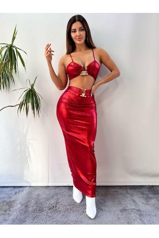 Pink Life Kırmızı Pu Faux Lame Tokalı Elbise