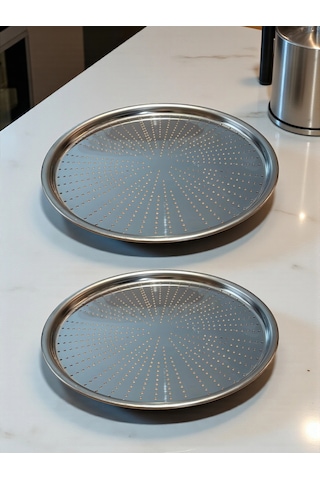 Paslanmaz Çelik Delikli Pizza Fırın Tepsisi Lahmacun Fırın Tepsisi 2'li Set 32 36 Cm Çok Renkli