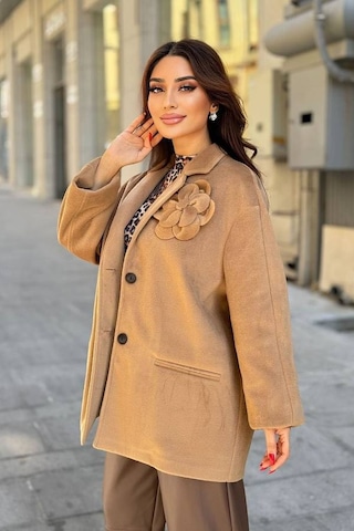 Fever Broş Çiçekli Kadın Kaşe Kaban 342118001 Camel