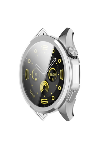 Huawei Watch Gt4 46mm Uyumlu Kasa Ekran Koruyucu 360 Tam Koruma Kılıf Kapak Gümüş