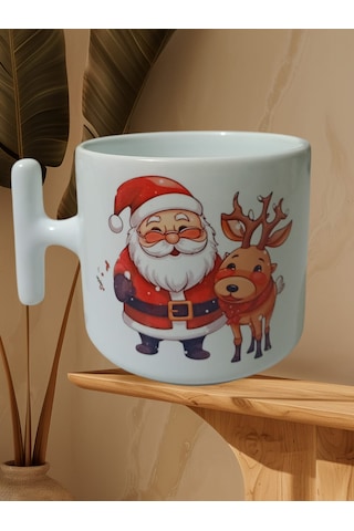 Geyikli Noel Baba Çift Taraf Yazılı Kupa Bardak Beyaz T