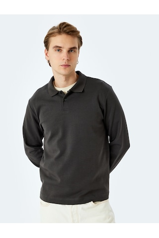 Koton Pamuklu İnterlok Kumaş Polo Yaka Sweatshirt Antrasit 5sam70003mk Antrasit