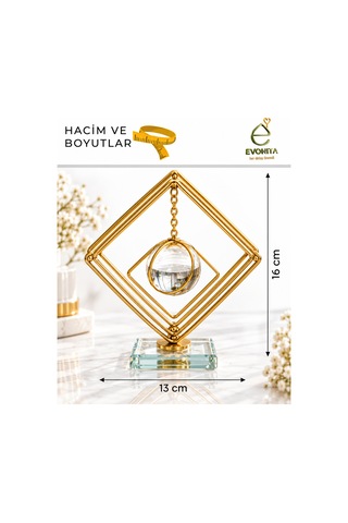 Evonıta Dekoratif Cam Küreli Geometrik Kare Biblo Altın Renk Kristal Tabanlı Sallanan Küre Masa Üstü Konsol Salon Dekoru