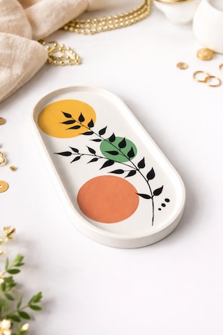 Modern Bohem Tarz Dekoratif Oval Tabak - El Yapımı Botanik Desenli Ev Dekoru 9,5 X 19 Cm