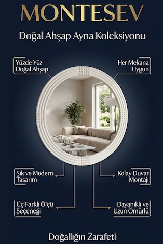 Safir Beyaz Dekoratif Ayna Yuvarlak Işlemeli Duvar Aynası 43 Cm Beyaz