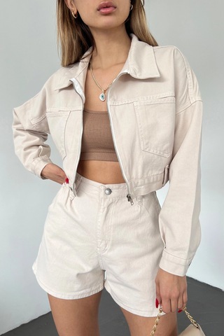 Bej Çift Cepli Fermuarlı Yıkamalı Crop Denim Ceket Bcdf-235410 Çok Renkli