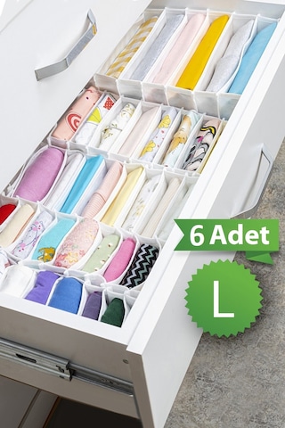 6 Adet 8 Bölmeli Çizgili Akordiyon Çok Amaçlı Çekmece Dolap İçi Organizer Düzenleyici 24x37x18 Cm L Gri