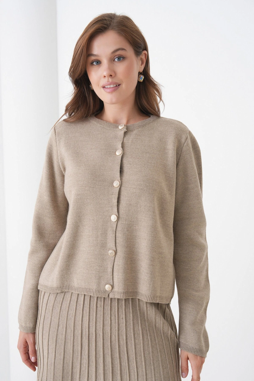 Kadın Pileli Etek Kazağı Düğmeli Tesettüre Uygun Örgü Triko Etekli Ceket Takım Vizon