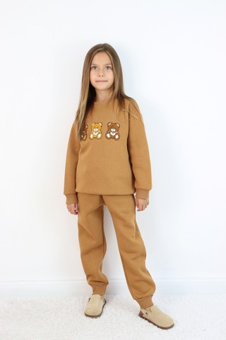Kız Çocuk 3'lü Ayıcık Nakışlı 3 İplik Oversize Şardonlu Takım Kahverengi
