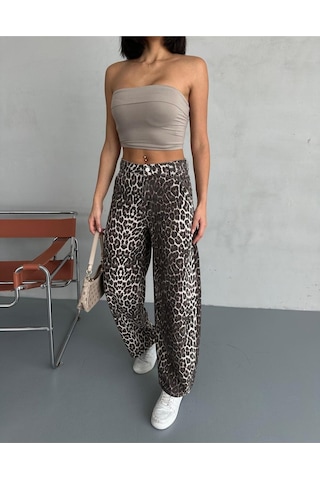 Zeo Basic Skater Pantolon Leopar Desenli Bej Bej
