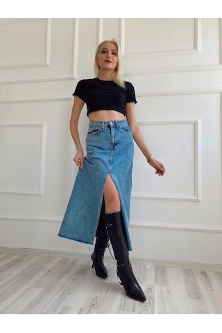 Kadın Önden Yırtmaçlı Denim Etek Buz Mavi