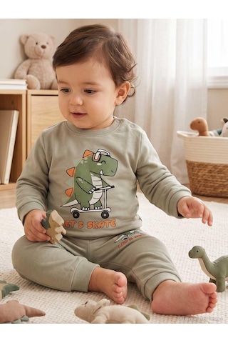 Civil Baby Dinozor Baskılı 6-18 Ay Takım - Haki Koyu Haki