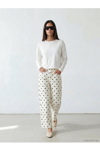 Lcw Modest Beyaz Wideleg Puantiyeli Kadın Jean Pantolon