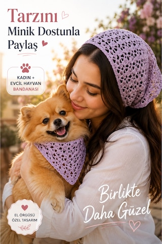 Kadın & Köpek Kombin El Örgüsü Minik Dost Bandana Seti Ayarlanabilir Evcil Hayvan Sahip Kombini Bohem Tasarım Mor