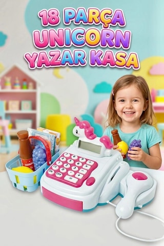 Pilli Işıklı Sesli 18 Parçalı Barkod Okuyuculu Oyuncak Paralı Fonksiyonel Tasarımlı Unicorn Oyuncak Yazar Kasa