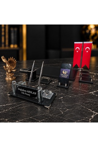 Ofis Prestij 13 Parça Gold Kartallı Kristal Kişiye Özel İsimlik Ve Sümen Seti Gold - Siyah