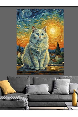 Karizma Tablo Van Gogh Stili Beyaz Kedi Dekoratif Kanvas - Mdf Ahşap Tablo