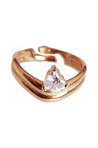 Beyaz Taşlı Kalpli Gümüş Yüzük - Gold Renk Altın