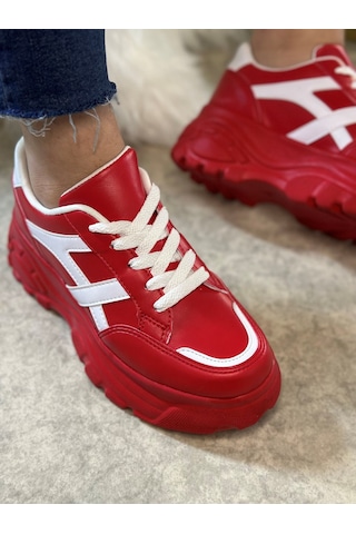 Günlük Kadın Sneaker Kalın Yüksek Taban Bağcıklı Rahat Tiger Şeritli Spor Ayakkabı 032 12 - Kırmızı Beyaz