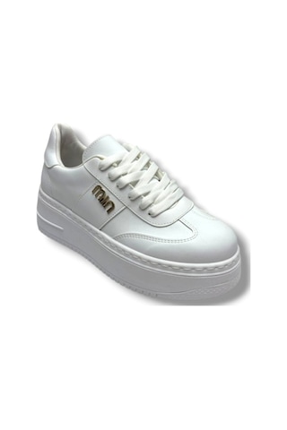 Şanzelize K16-26 Cilt Deri Yüksek Anatomik Taban Bağcıklı Kadın Sneaker Beyaz