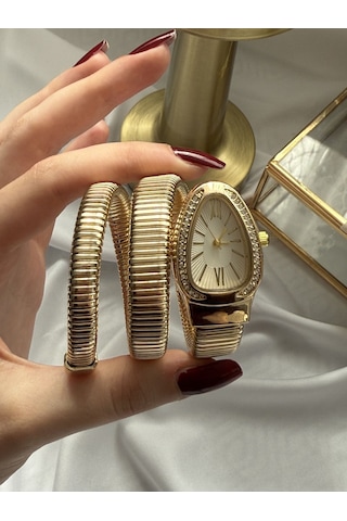 Gold Taşlı Yılan Model Saat Altın - Gümüş